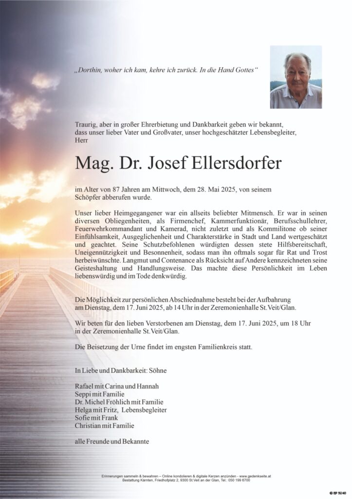 Mit Josef Ellersdorfer verliert das Kärntner Lebensmittelhandwerk eine prägende Figur: Der Mitbegründer der Kärntner Nudelproduktion in St. Veit verstarb am 28. Mai 2025 im Alter von 87 Jahren. Die Trauerfeier findet am 17. Juni statt.