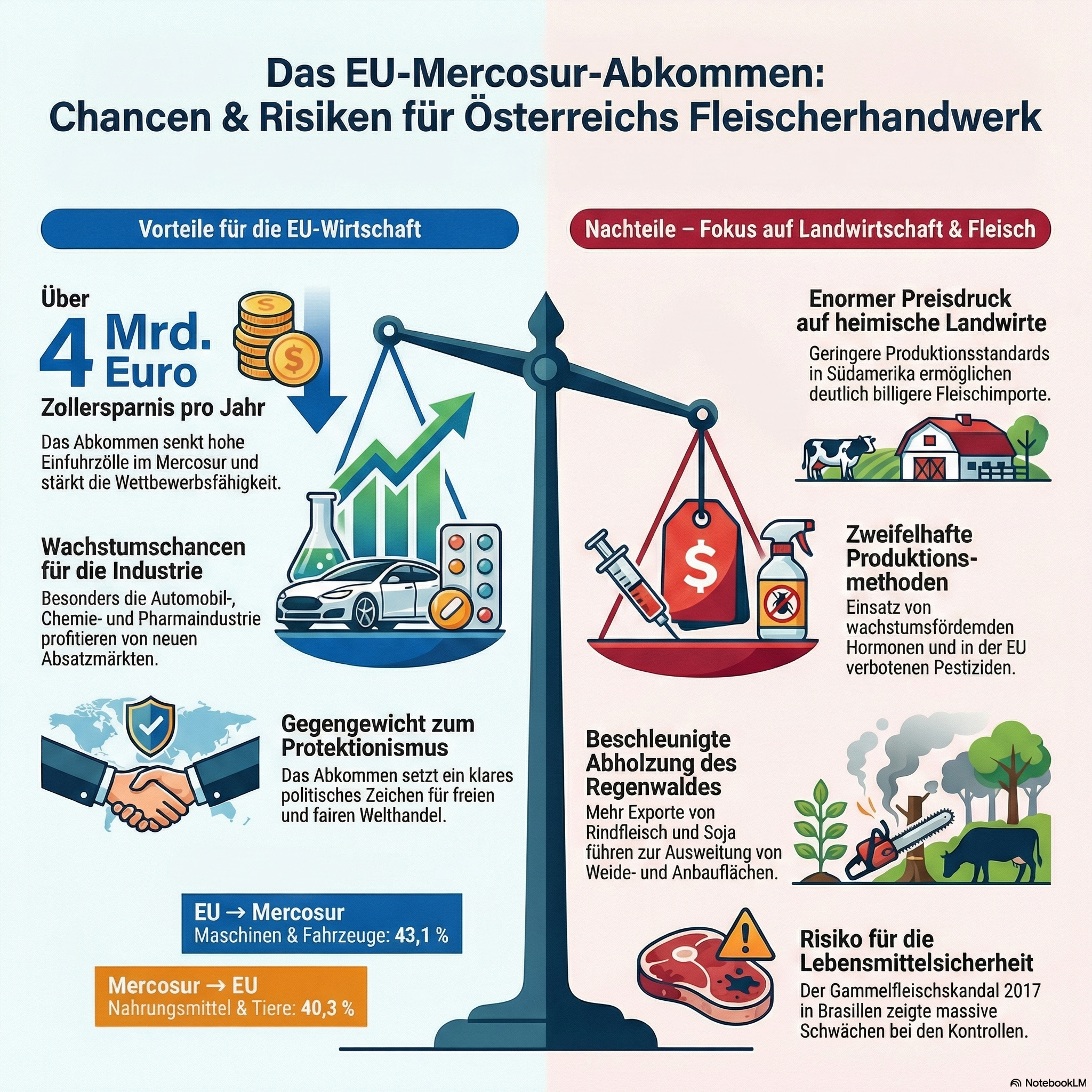 Das EU-Mercosur-Abkommen bringt wirtschaftliche Vorteile für Industrie und Export, sorgt jedoch gleichzeitig für erheblichen Preisdruck auf Landwirtschaft und Fleischerhandwerk. Die Grafik zeigt zentrale Chancen und Risiken im Überblick – von Zolleinsparungen und Wachstumseffekten bis hin zu Fragen der Produktionsstandards, Umweltfolgen und Lebensmittelsicherheit.Bildcredit: © Fleisch & Co, erstellt mit NotebookLM