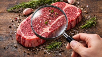 Kontrolle unter der Lupe: Ein rohes Rindersteak symbolisiert das engmaschige Rückstands- und Qualitätsmonitoring entlang der Fleischkette. Bildcredit: © KI-generiert mit DALL·E / OpenAI