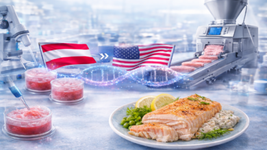 Symbolbild: Zellkultiviertes Seafood und 3D-Extrusionstechnologie stehen exemplarisch für neue Hybridansätze in der alternativen Proteinproduktion. Credit: KI-generiert / OpenAI DALL·E